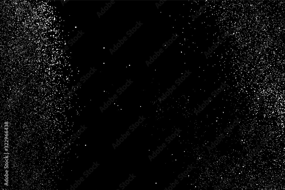 White Grainy Texture Isolated On Black Background. Dust Overlay. Light Coloured Noise Granules. Snow Vector Elements. Digitally Generated Image. Illustration, Eps 10.