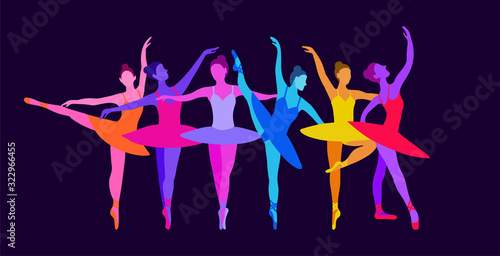 Dancing girls ballerinas in neon colors on a dark blue isolated background. Vector illustration of beautiful women dancing graceful dance in flat style.
