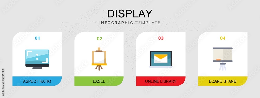 4 display flat icons set isolated on infographic template. Icons set with Aspect Ratio, Easel, Online library, Board stand icons. 4 display flat icons set isolated on infographic template. Icons set with Aspect Ratio, Easel, Online library, Board stand icons.
