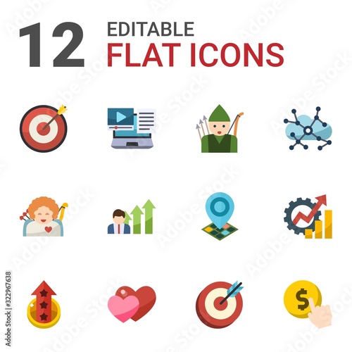 12 arrow flat icons set isolated on white background. Icons set with Target, Systems Integration, archer, cupid angel, Business opportunity, Asynchronous Learning, level up icons.