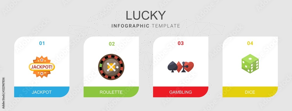 4 lucky flat icons set isolated on infographic template. Icons set with Jackpot, roulette, gambling, dice icons.