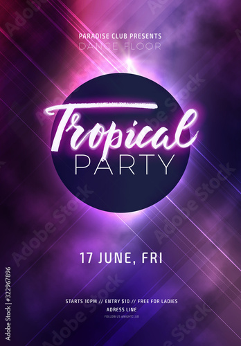 Dark purple neon party flyer with copy space. Modern blurs and gradients. Vector illustration.