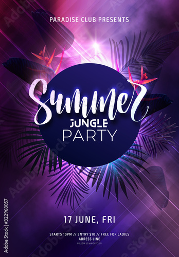 Dark purple neon tropical summer party flyer with banana palm leaves and jungle flowers. Modern blurs and gradients. Electric glow background with copy space. Vector illustration.