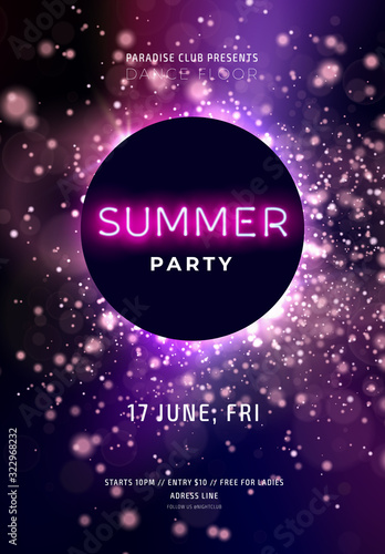 Dark purple neon party flyer with copy space. Magical background with glowing particles and gliiter. Modern blurs and gradients. Vector illustration.