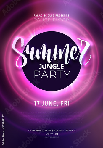 Dark purple neon tropical summer party flyer with lettering. Electric glow background with copy space. Modern blurs and gradients. Vector illustration.