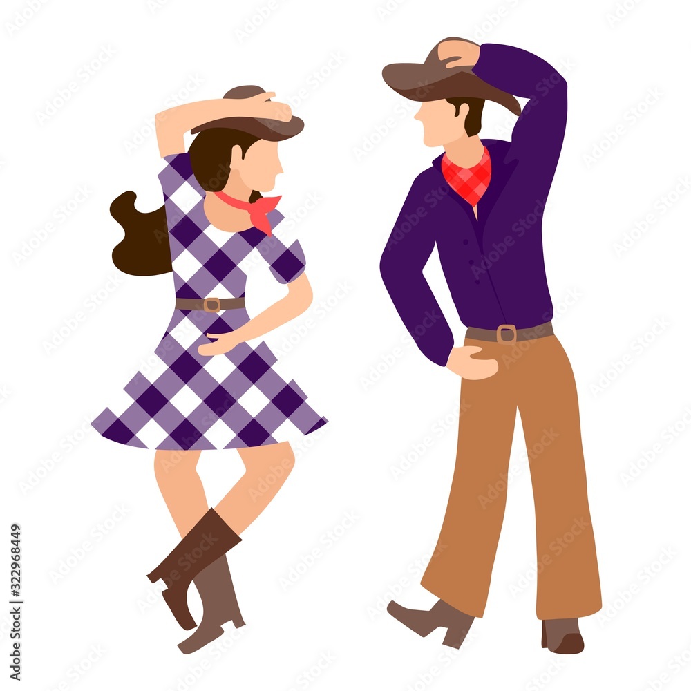 Country couple perform an incendiary dance. A young girl and a guy are dancing a western dance. Music concert, festival, live event, disco, web banner, retro design .