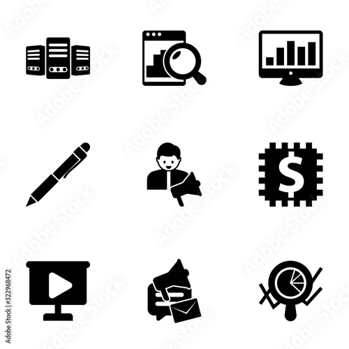 9 information filled icons set isolated on white background. Icons set with Big data, Web analytics, SEO monitoring, Pen, social media specialist, Blended Learning, video Presentation icons.