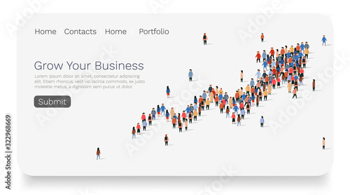 Large group of people in the shape of growing arrow. Web site landing page template.