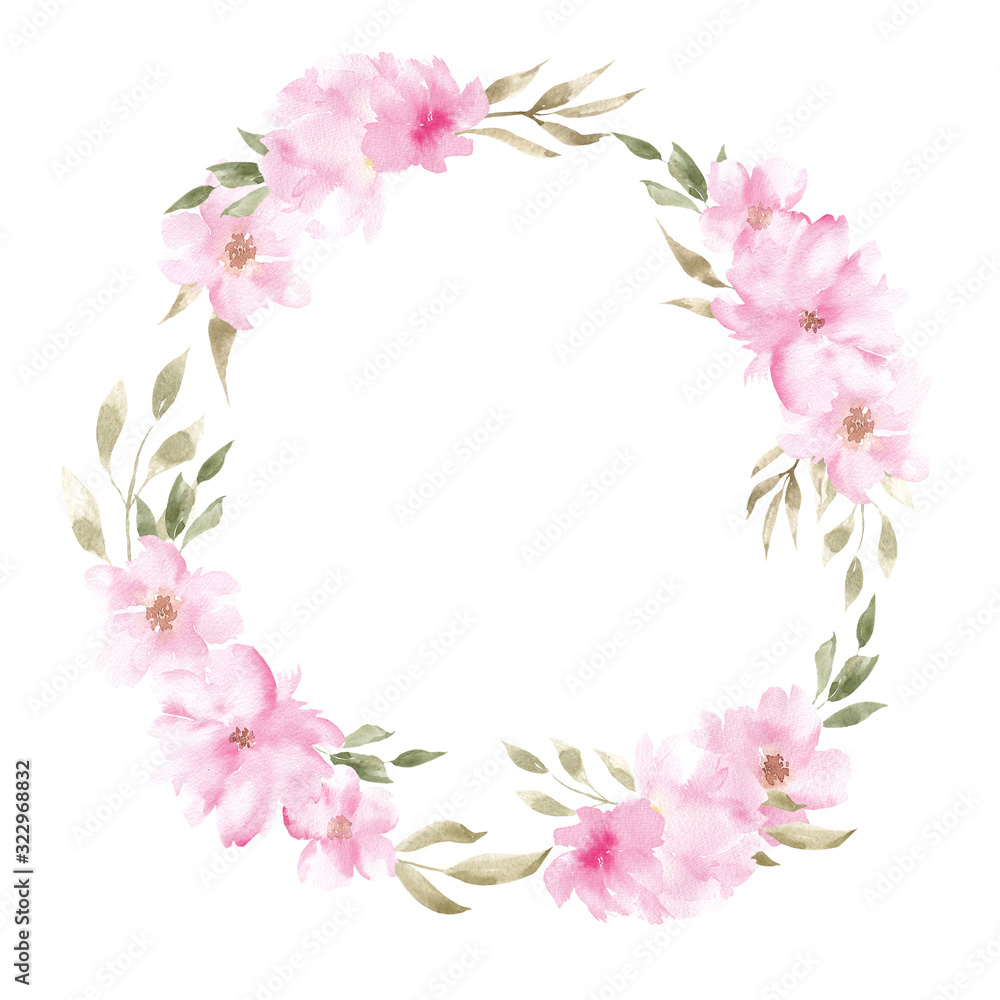 Watercolor illustration wreath with spring flowers and leaves isolated on white background Watercolor illustration wreath with spring flowers and leaves isolated on white background