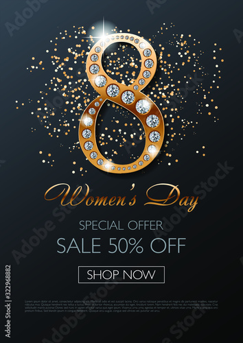 Luxury Womens Day Jewelry Sale special offer shop now poster, flyer, banner, invitation card template with golden digit 8 with diamonds on black background