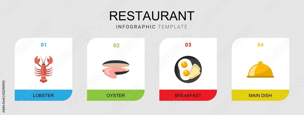 4 restaurant flat icons set isolated on infographic template. Icons set with lobster, oyster, breakfast, main dish icons.
