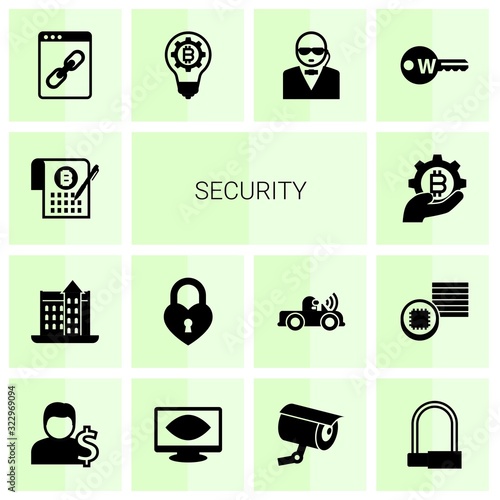 14 security filled icons set isolated on white background. Icons set with Smart Contract, castle, heart lock, fintech industry, Web Link, fintech innovation, Keyword, Account icons.