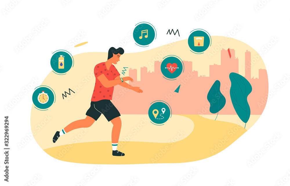 Running man listening to the music with smartwatch or fitness tracker activity band on his wrist. Modern wristlet wireless device, tracking distance walked and speed, heartbeat, water balance, weight.
