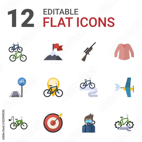 12 sport flat icons set isolated on white background. Icons set with bike station, attainment, Hunting, bicycle lane, Bike rental, blouse, elektro bike, Target, Diving icons.