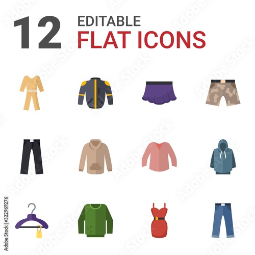 12 clothes flat icons set isolated on white background. Icons set with pyjamas, jacket, skirt, trousers, sweatshirt, shorts, Clothes, jumper, dress, jeans, hoodie, blouse icons.