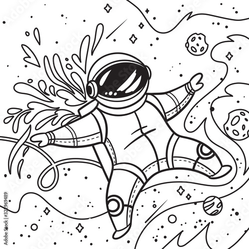 Contour print with cartoon astronaut flies with leaves in outer space