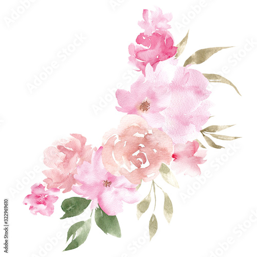 Watercolor bouquet with hand draw spring flowers and leaves, isolated on white background