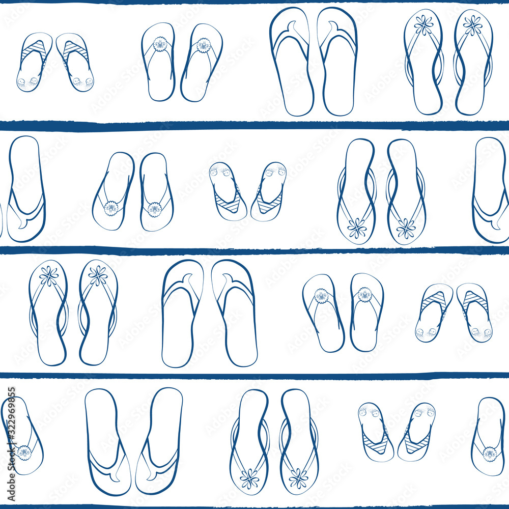 Flip flop shoe seamless vector pattern background. Hand drawn outline style with grunge stripes. White and navy blue. Family summer vacation concept Flip flop shoe seamless vector pattern background. Hand drawn outline style with grunge stripes. White and navy blue. Family summer vacation concept
