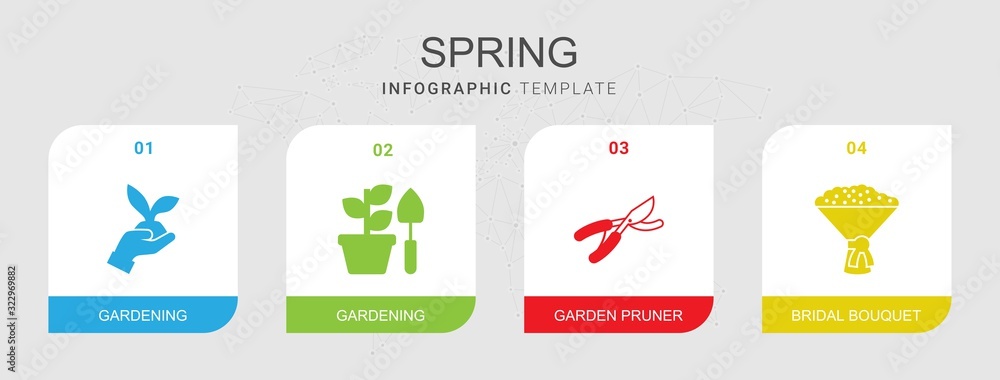 4 spring filled icons set isolated on infographic template. Icons set with Gardening, Garden pruner, bridal bouquet icons.