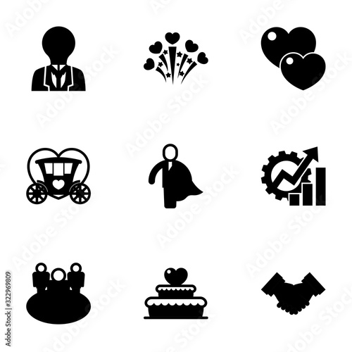 9 outline filled icons set isolated on white background. Icons set with creativity, fireworks, love, Brougham, business hero, Productivity, team, wedding cake, partnership icons.