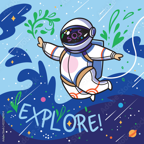 Explore. Cute cartoon astronaut flies with green leaves in outer space