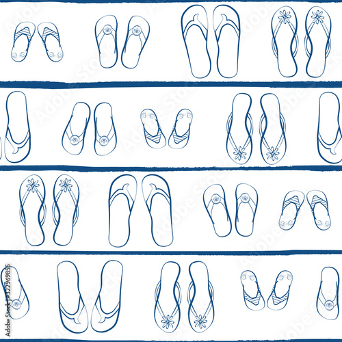 Flip flop shoe seamless vector pattern background. Hand drawn outline style with grunge stripes. White and navy blue. Family summer vacation concept