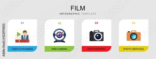 4 film flat icons set isolated on infographic template. Icons set with Video streaming, Web Camera, Photography, Photo services icons.