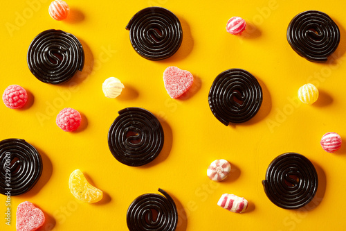 Spiral liquorice coils with fruity jub jub candy photo