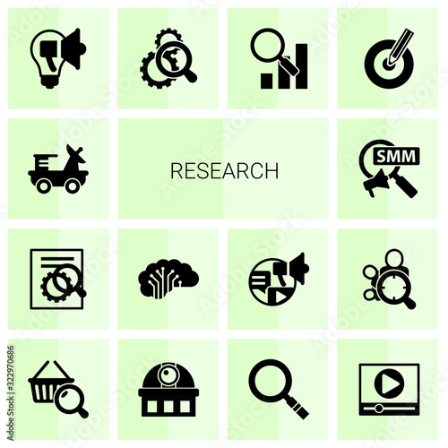 14 research filled icons set isolated on white background. Icons set with moon rover, SEO optimization, AI Architecture, Social Marketing, Creative campaign, Search optimization icons.