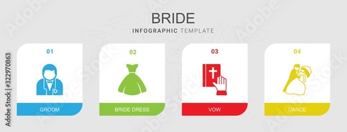 4 bride filled icons set isolated on infographic template. Icons set with groom, bride dress, vow, dance icons.