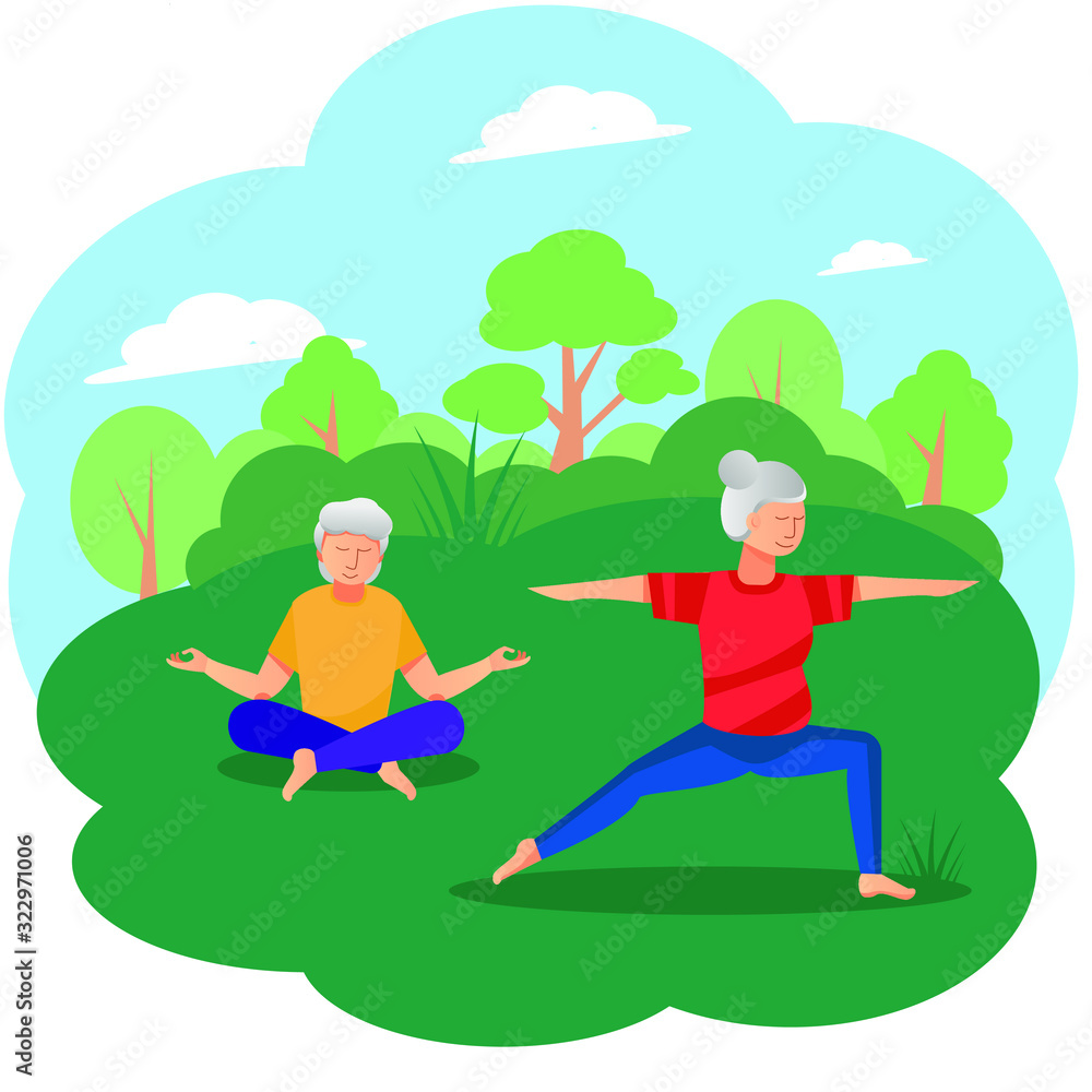 Elderly man and woman doing yoga in the Park. Active lifestyle of an old married couple, care for health and longevity. The concept of an energetic summer leisure in nature. Pensioners outdoor. Vector