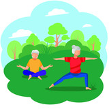Elderly man and woman doing yoga in the Park. Active lifestyle of an old married couple, care for health and longevity. The concept of an energetic summer leisure in nature. Pensioners outdoor. Vector