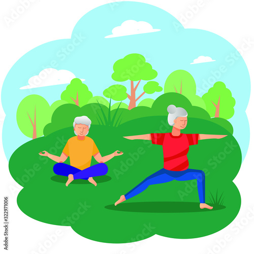 Elderly man and woman doing yoga in the Park. Active lifestyle of an old married couple, care for health and longevity. The concept of an energetic summer leisure in nature. Pensioners outdoor. Vector