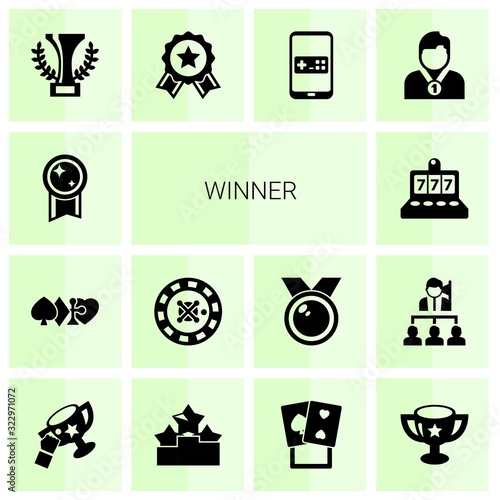 14 winner filled icons set isolated on white background. Icons set with victory, gambling, roulette, slot machine, champion, achievement, Mobile game, success, Ranking icons.
