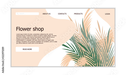Flower shop landing page template. Vector flat illustration of flowers and branches.