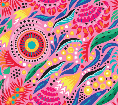 Australian tropical seamless pattern with decorative flowers in pink