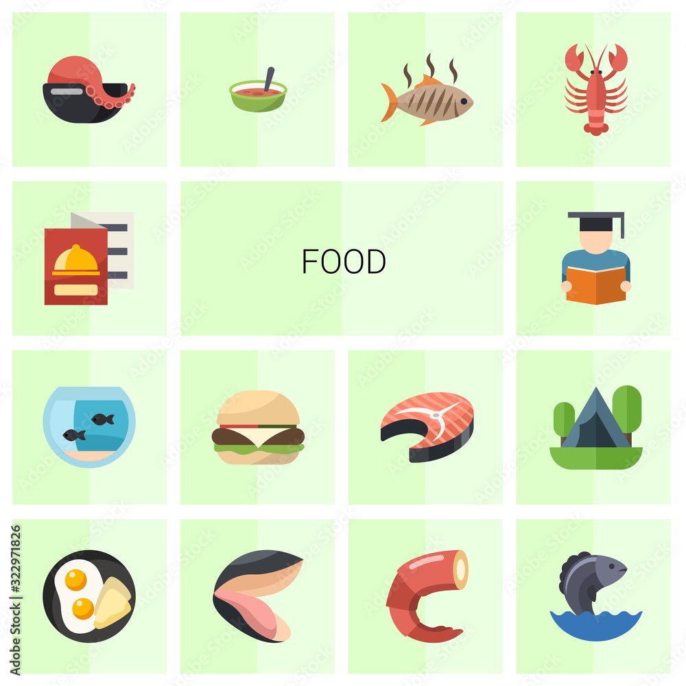14 food flat icons set isolated on white background. Icons set with restaurant menu, Aquarium, burger, Product Listing, seafood soup, Soup, grilled fish, lobster, breakfast icons.