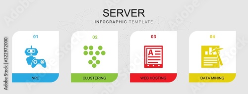 4 server filled icons set isolated on infographic template. Icons set with NPC, Clustering, Web Hosting, Data mining icons.