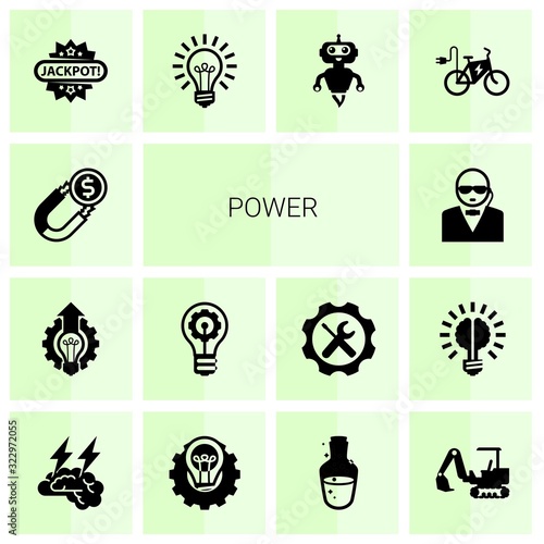 14 power filled icons set isolated on white background. Icons set with Attract, Innovation business, innovation, security, Jackpot, Idea, AI Robot, elektro bike, Brain storm icons.