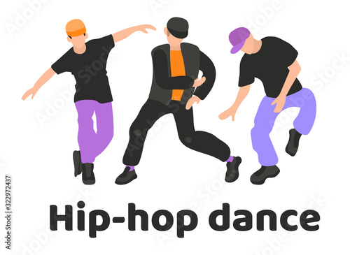 A collection of three men dancing hip hop s. Youth dance of modern teenagers. Hip-hop dance, poster of dance school, breakdance competitions, turnip, festival