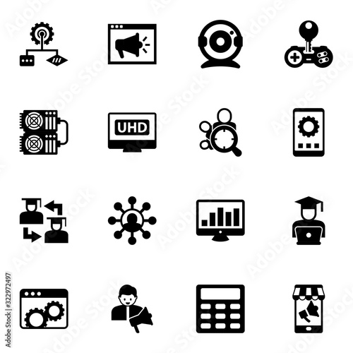 16 digital filled icons set isolated on white background. Icons set with Algorithm, Video training, Web Camera, mining farm, 4K Streaming, Audience targeting, Web Infrastructure icons.