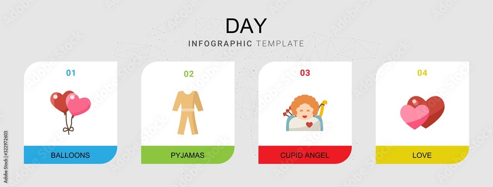 4 day flat icons set isolated on infographic template. Icons set with balloons, pyjamas, cupid angel, love icons. 4 day flat icons set isolated on infographic template. Icons set with balloons, pyjamas, cupid angel, love icons.