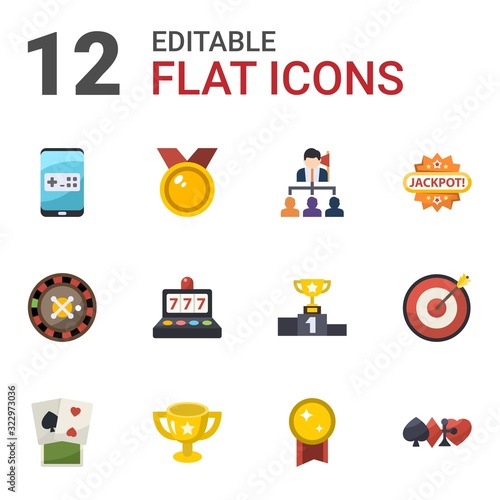 12 winner flat icons set isolated on white background. Icons set with Mobile game, medal, Leadership, roulette, slot machine, Jackpot, poker, award, victory, gambling, Target icons.