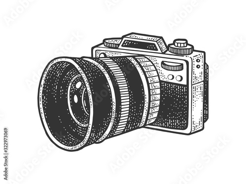 Photo camera with huge lens sketch engraving vector illustration. T-shirt apparel print design. Scratch board imitation. Black and white hand drawn image.