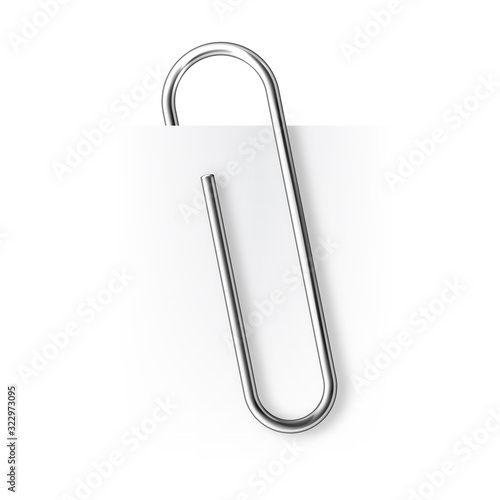 Realistic tilted metal paper clip. Page holder, binder. Vector illustration.