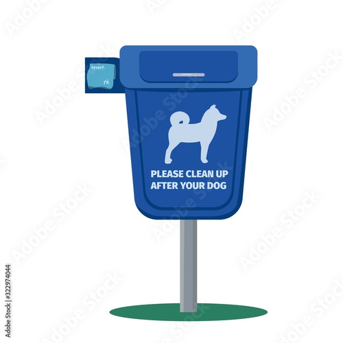 Dog waste container with disposal bags. Dog bin with sign - Please clean up after your dog. Vector illustration.