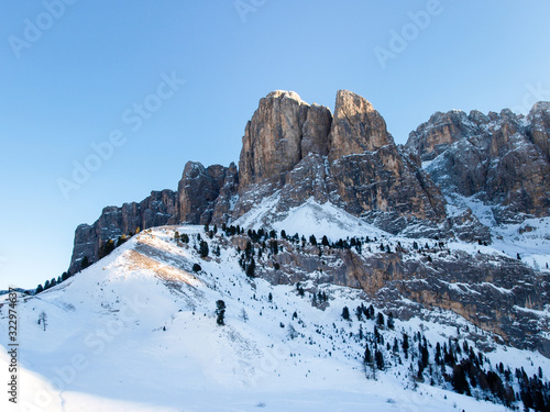 panorama of the snowy Dolomites.