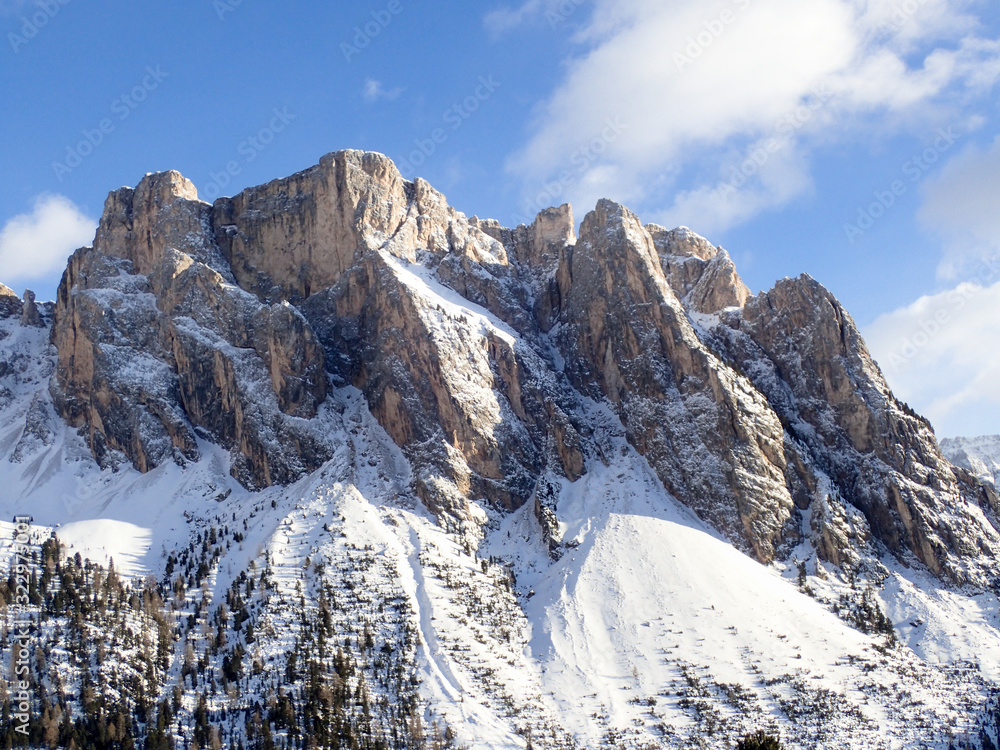panorama of the snowy Dolomites.