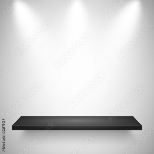 Illuminated realistic wall shelf. Empty store rack. Studio background with spotlights. Vector illustration.