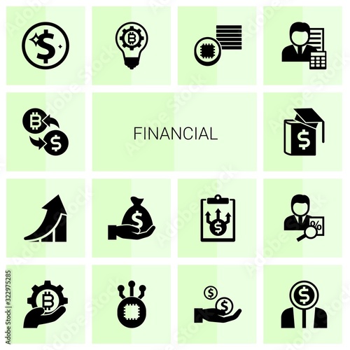 14 financial filled icons set isolated on white background. Icons set with crypto-exchange, growth, Deposit, Business education, Net Income, fintech innovation, Tokens icons.